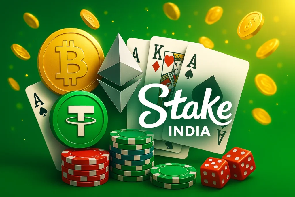 Stake India online casino with Bitcoin, Ethereum, and Tether chips and playing cards on green background